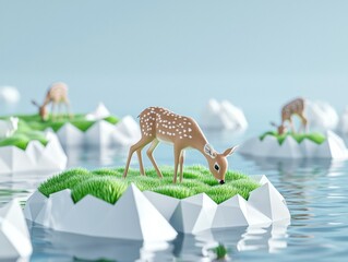 Canvas Print - Deers grazing on small islands. AI.