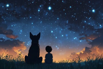 Naklejka na meble  anime style illustration of a dog and his master, a child looking the stars