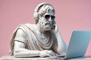 Confident greek businessman marble statue sculpture thinking and working with laptop and wearing sunglass illustration, with pastel color background, people and lifestyle theme concept. 