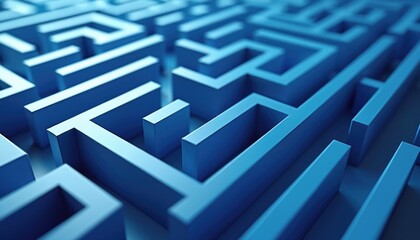 Abstract blue maze design. 3D illustration with bright color. Represents business concepts like innovation problem solving. Futuristic style background. Endless path. Graphic design. Modern