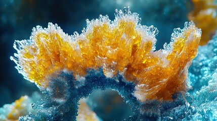 Macro view of crystalline formations, vibrant orange-yellow and teal blue, abstract design in nature