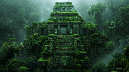 Wall Mural - Lost Temple of the Jungle: A mystical and ancient temple, cloaked in emerald vines and moss, stands majestically in the heart of a verdant jungle, shrouded in a misty aura.  