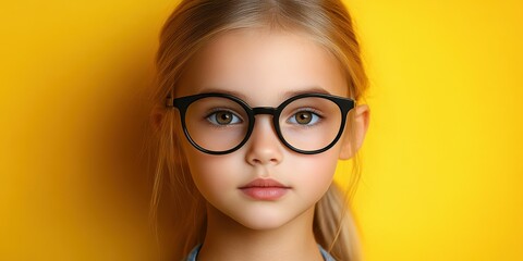 A young girl wearing stylish black glasses gazes confidently at the camera