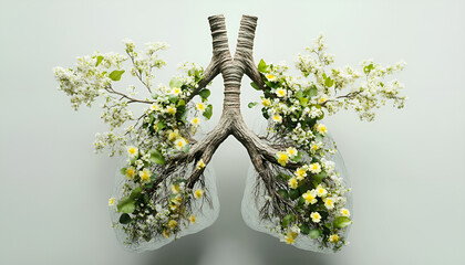 Wall Mural - Nature-inspired lungs made of greenery and blossoms symbolizing health and environment