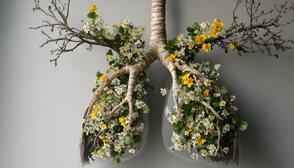 Wall Mural - Nature-inspired lungs made of greenery and blossoms symbolizing health and environment