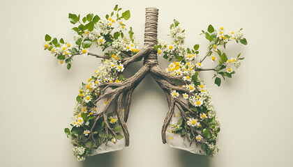 Wall Mural - Nature-inspired lungs made of greenery and blossoms symbolizing health and environment