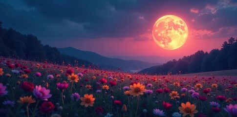 Wall Mural - full moon ascends over blooming meadow, twilight hues , scenery, sky, rural