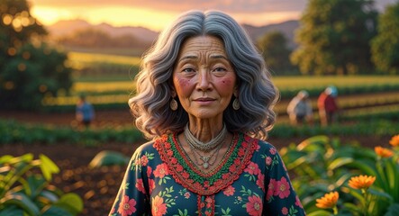 Canvas Print - Elderly Indonesian woman warm wavy gray hair floral dress on countryside farm during sunrise background 3d illustration