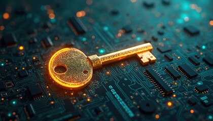 Futuristic golden key rests on tech circuit board. Innovative security concept. Digital age security, innovation. Virtual key unlocking future. Abstract tech design with glow. Modern network system.