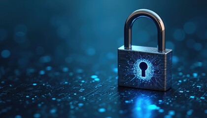Secure digital lock. Illustration shows metallic padlock with glowing circuit board pattern. Modern digital security concept. Blue background creates tech theme. Image suitable for tech articles,