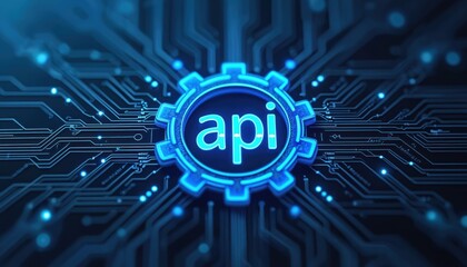 Futuristic glowing blue gear with API symbol on circuit board. Tech concept for network communication. Modern tech design for business. Glowing symbol in cyberspace interface. Advanced digital