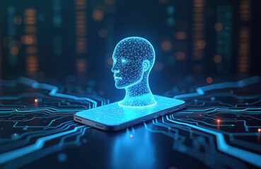 Digital tech illustration shows smart phone with AI head graphic. Modern tech concept. Smart phone displays artificial intelligence application. Future tech innovation. Virtual assistant interface.