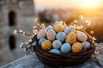 Wall Mural - Colorful Easter eggs arranged in a decorative basket during sunset on a scenic hillside