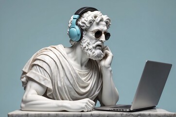 confident greek businessman marble statue sculpture thinking and working with laptop and wearing sun