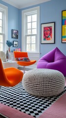 Bright orange and purple seating contrasts beautifully with a cozy white pouf and graphic rug, creating a fun and lively atmosphere in a stylish living room adorned with colorful art