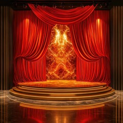 Wall Mural - Red Stage Curtains, Golden Podium, Fire-like Wall, Event Space