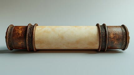 Rolled parchment scroll, antique, light gray background, 3D render