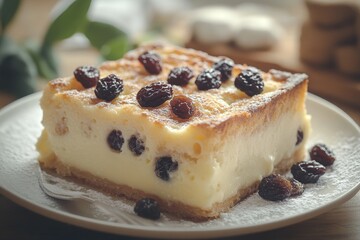 Raisin cheesecake slice, dusted with sugar, on plate