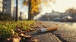 © affa_dreams - Cigarette Litter on Sidewalk Surrounded by Autumn Leaves and a Neighborhood Backdrop in Soft Evening Light