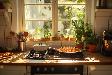 Sunny kitchen, cooking pasta, window view, home cooking blog