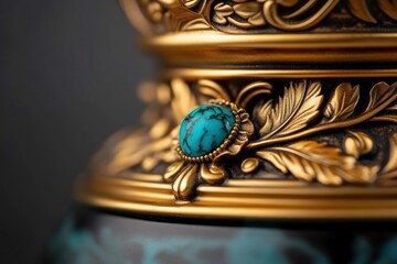 Ornate gold turquoise detail, close-up, dark background, luxury item