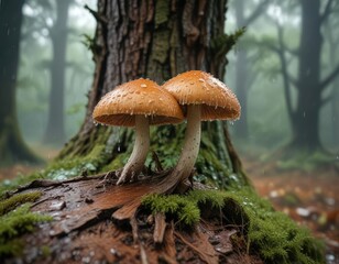 Wall Mural - Rain drop on tree trunk with weeping widow mushroom in background, bark, macro