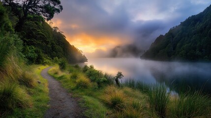 Wall Mural - Serene sunrise over misty lake with a winding path. (1)