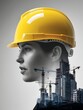 © Here you are! - Creative double exposure of a female construction worker wearing a yellow hard hat, blended with an urban skyline and cranes, symbolizing engineering, architecture, and modern infrastructure