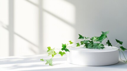 Wall Mural - White cylindrical pedestal with green ivy plant, sunlight shadow on wall.