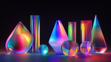 Wall Mural - 3D objects that resemble glass and sparkle with various hues against a black background