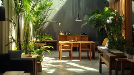 Wall Mural - Sunlit interior space with wooden furniture, potted plants, and concrete walls.