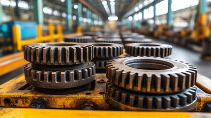 Wall Mural - Close-up of machine parts being disassembled and repaired, focusing on the gearbox design components, symbolizing engineering precision and the complexity of modern systems. Empty space on the side.

