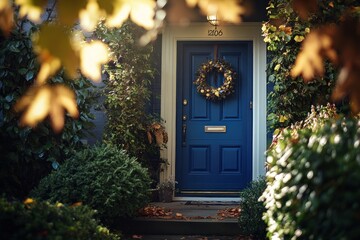 Sticker - Blue front door with autumnal wreath, flanked by bushes, leaves in the foreground.