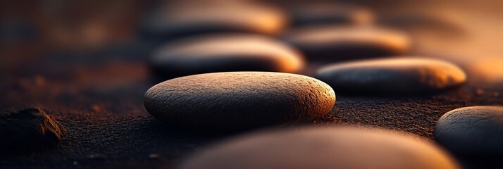 Poster - Smooth, grey stones arranged in a path at sunset, close-up view.