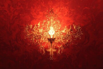 Wall Mural - Ornate golden torch with bright flame on textured red background