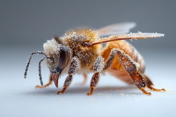 Close-up view of a honey bee covered in pollen in a natural habitat during daytime