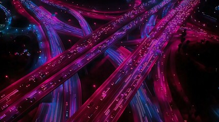 Wall Mural - Aerial night view of a complex highway interchange with heavy traffic, illuminated in pink and blue.