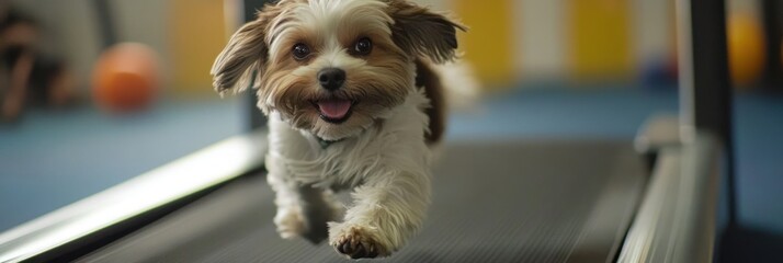 Sticker - Happy dog running on treadmill, indoor gym.