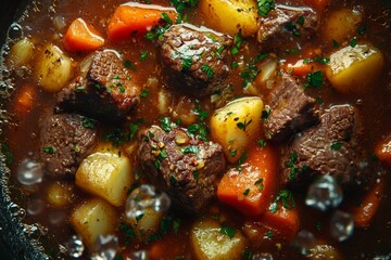 Wall Mural - Beef stew simmering, potatoes carrots, kitchen