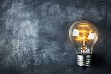 Poster - Glowing light bulb illuminates a textured gray surface background