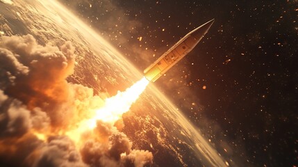 Wall Mural - rocket launching into space, fiery trail, earth below.