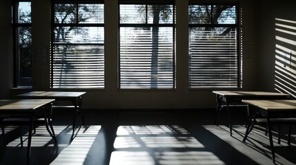 Poster - Sunlit empty classroom with desks and chairs near large windows with blinds.