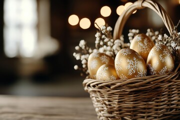 Wall Mural - Beautifully decorated golden Easter eggs in a wicker basket surrounded by delicate flowers