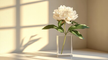 Wall Mural - Single white peony in a clear glass vase, illuminated by sunlight casting shadows on a wall.