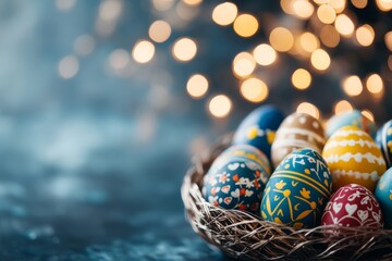 Wall Mural - Colorful Easter eggs in a decorative basket with twinkling lights in the background