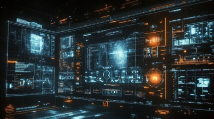 Futuristic Technology Interface with Holographic Data Display and Complex Systems