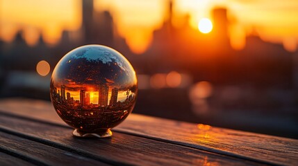 Wall Mural - Crystal ball reflecting city skyline at sunset.