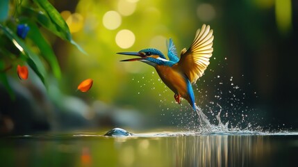 Sticker - Vibrant kingfisher diving into crystal clear water, catching prey, surrounded by lush green foliage.