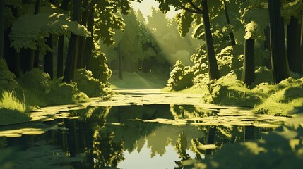 Wall Mural - Sunlit forest path reflected in calm water.