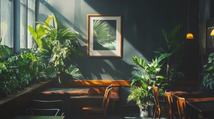 Wall Mural - Sunlit interior with plants, wooden chairs, and a framed print.